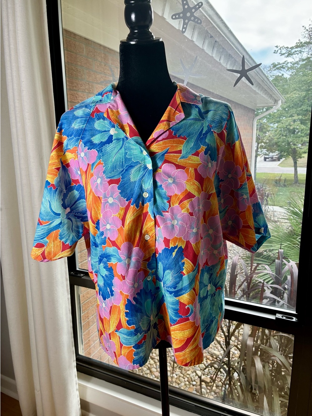 Vintage80s Lady Van Heusen Tropical Floral Shirt Fits Medium Made in USA